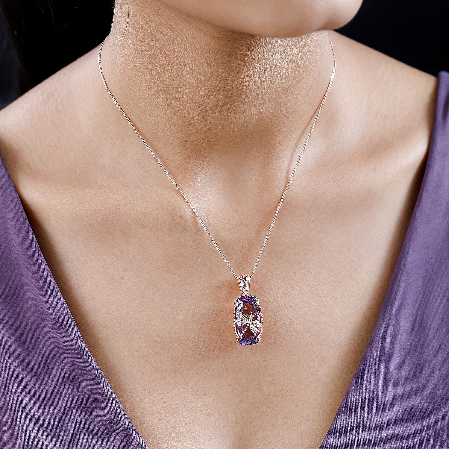 Pink Amethyst Pendant with Chain (Size 20) in 18K Vermeil Rose Gold Plated Sterling Silver 12.67 Ct.