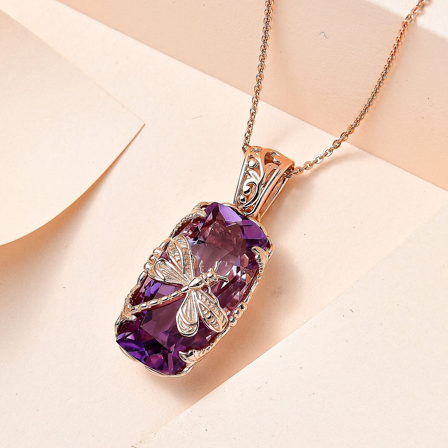Pink Amethyst Pendant with Chain (Size 20) in 18K Vermeil Rose Gold Plated Sterling Silver 12.67 Ct.