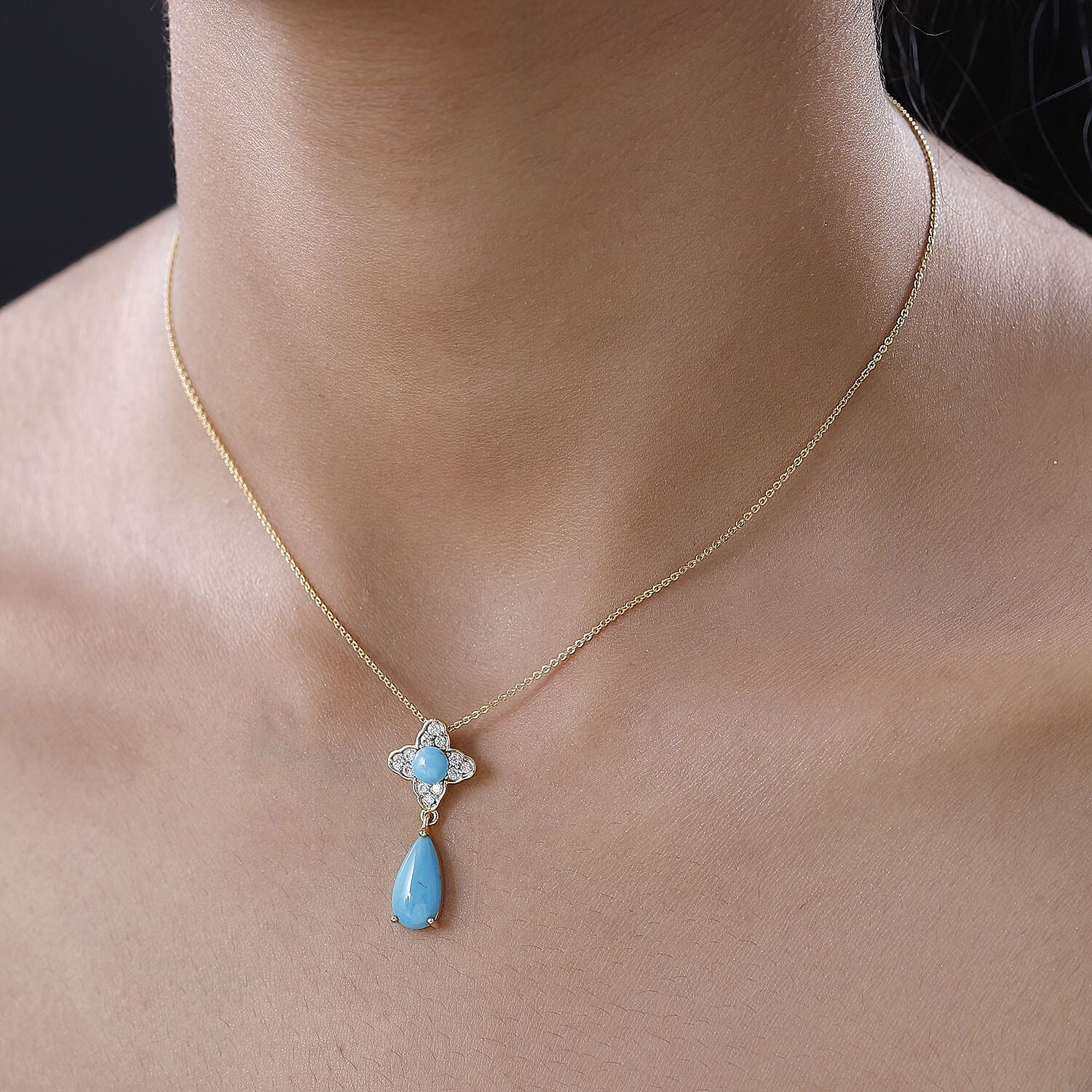 Arizona Sleeping Beauty Turquoise & Moissanite Drop Pendant with Chain (Size 20) in 18K Vermeil Yellow Gold Sterling Silver 3.56 Ct, Silver Wt. 5.37 Gms