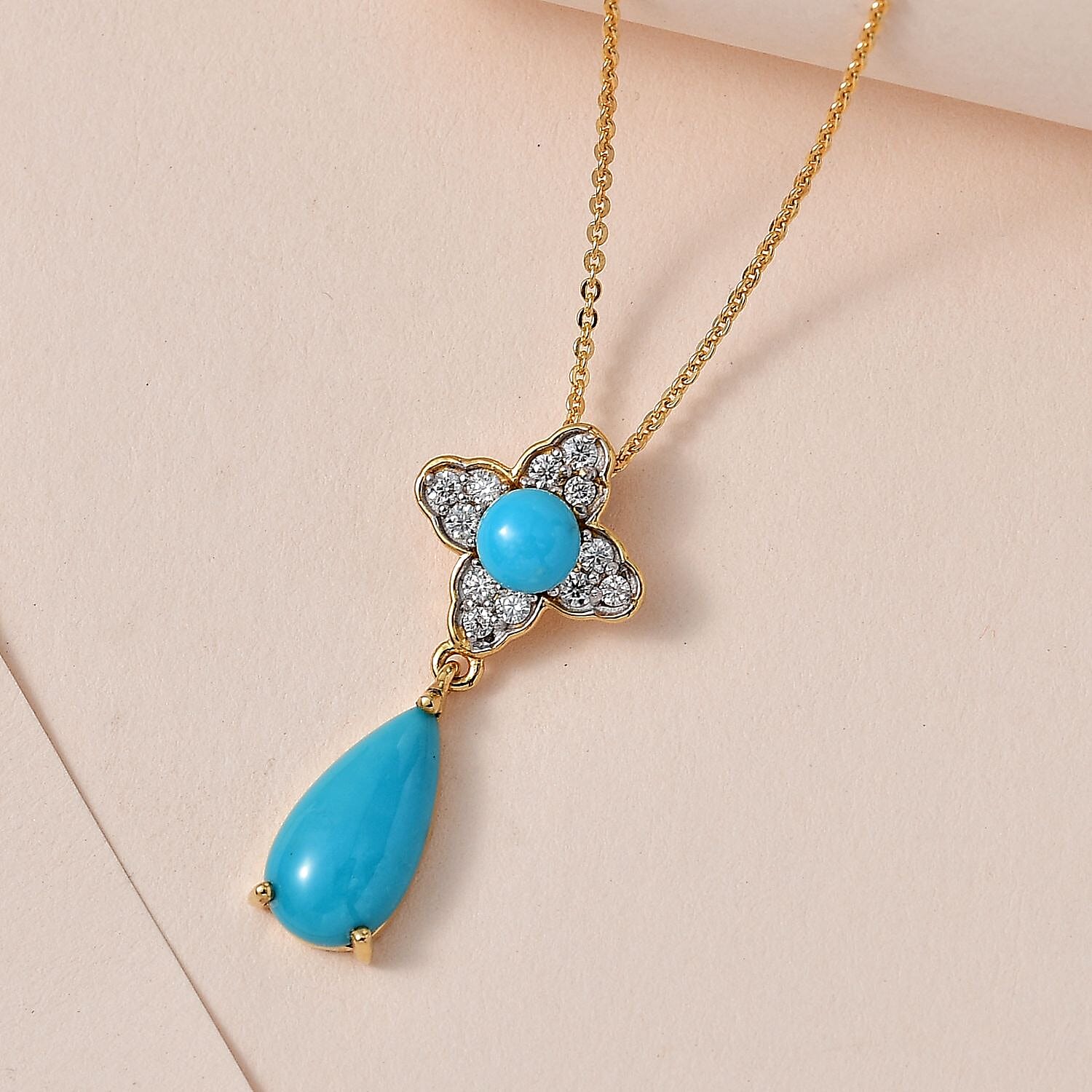 Arizona Sleeping Beauty Turquoise & Moissanite Drop Pendant with Chain (Size 20) in 18K Vermeil Yellow Gold Sterling Silver 3.56 Ct, Silver Wt. 5.37 Gms