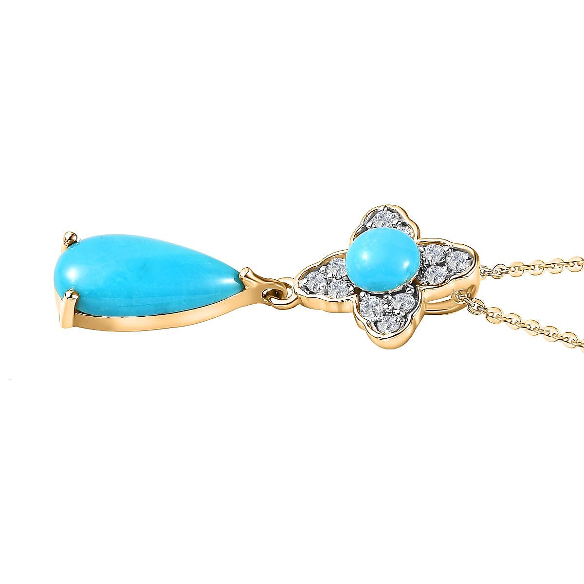 Arizona Sleeping Beauty Turquoise & Moissanite Drop Pendant with Chain (Size 20) in 18K Vermeil Yellow Gold Sterling Silver 3.56 Ct, Silver Wt. 5.37 Gms
