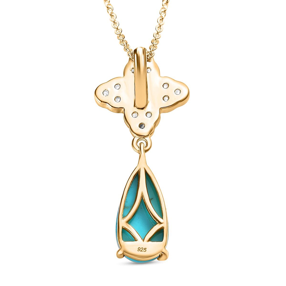 Arizona Sleeping Beauty Turquoise & Moissanite Drop Pendant with Chain (Size 20) in 18K Vermeil Yellow Gold Sterling Silver 3.56 Ct, Silver Wt. 5.37 Gms