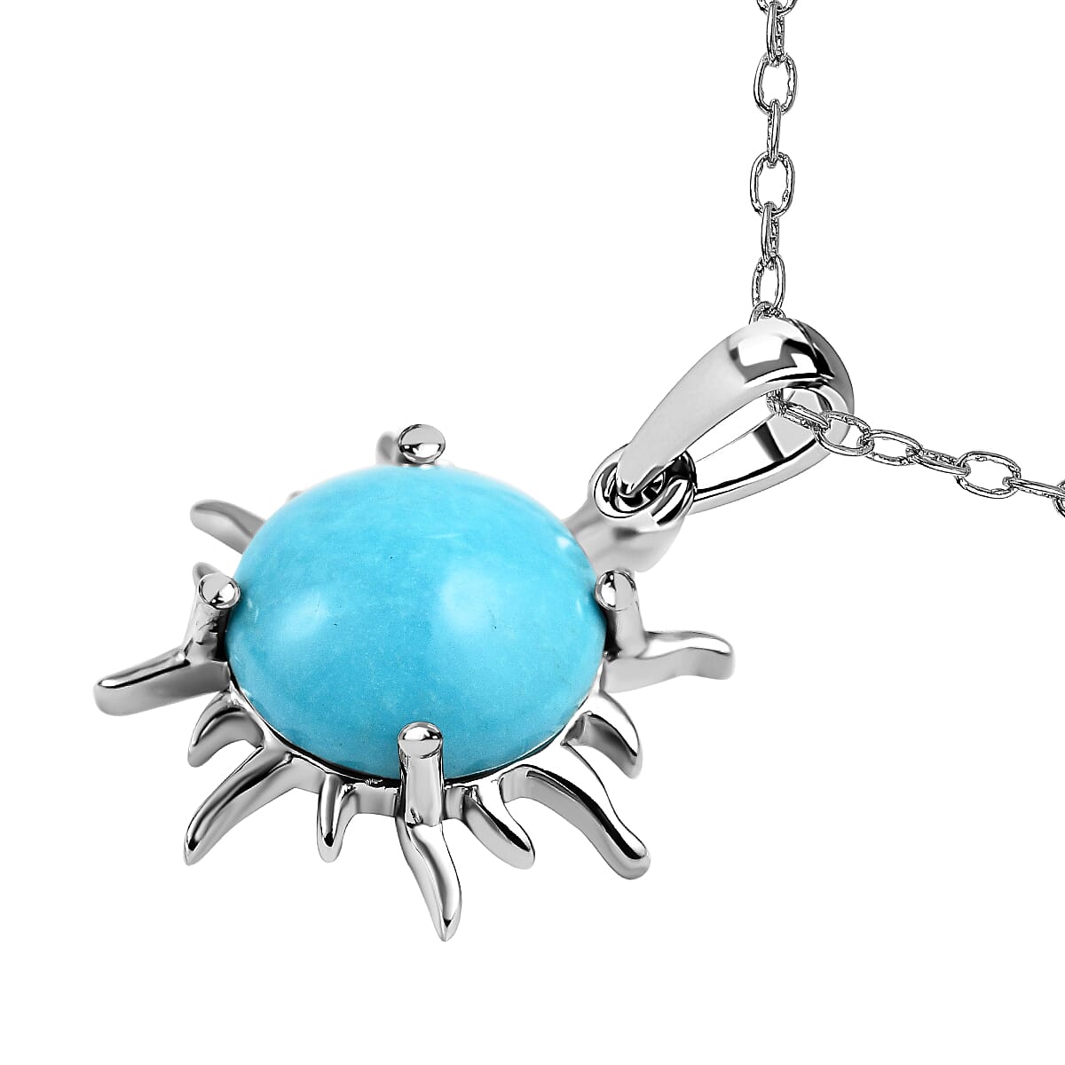 Arizona Sleeping Beauty Turquoise Sunburst Pendant with Chain (Size 20) in Platinum Overlay Sterling Silver 4.22 Ct.