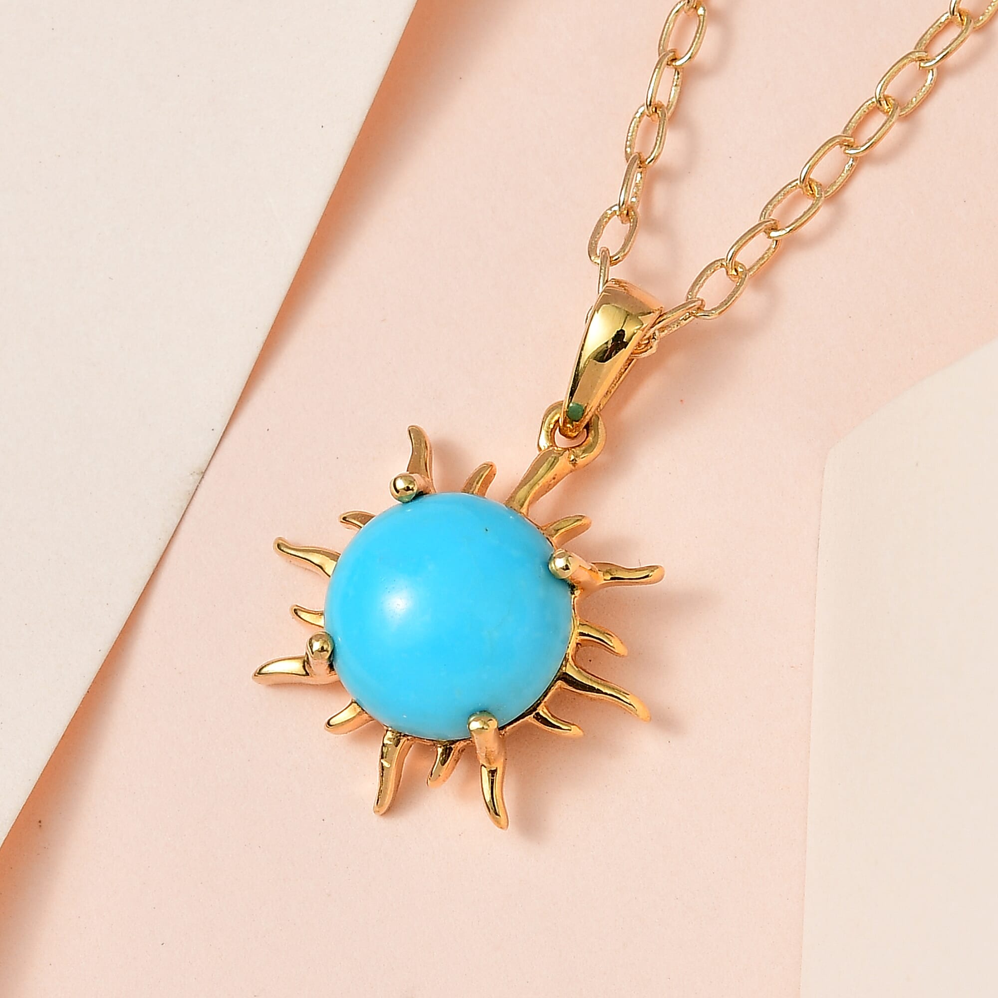 Arizona Sleeping Beauty Turquoise Sunburst Pendant with Chain (Size 20) in 18K Yellow Gold Vermeil Plated Sterling Silver 4.22 Ct.