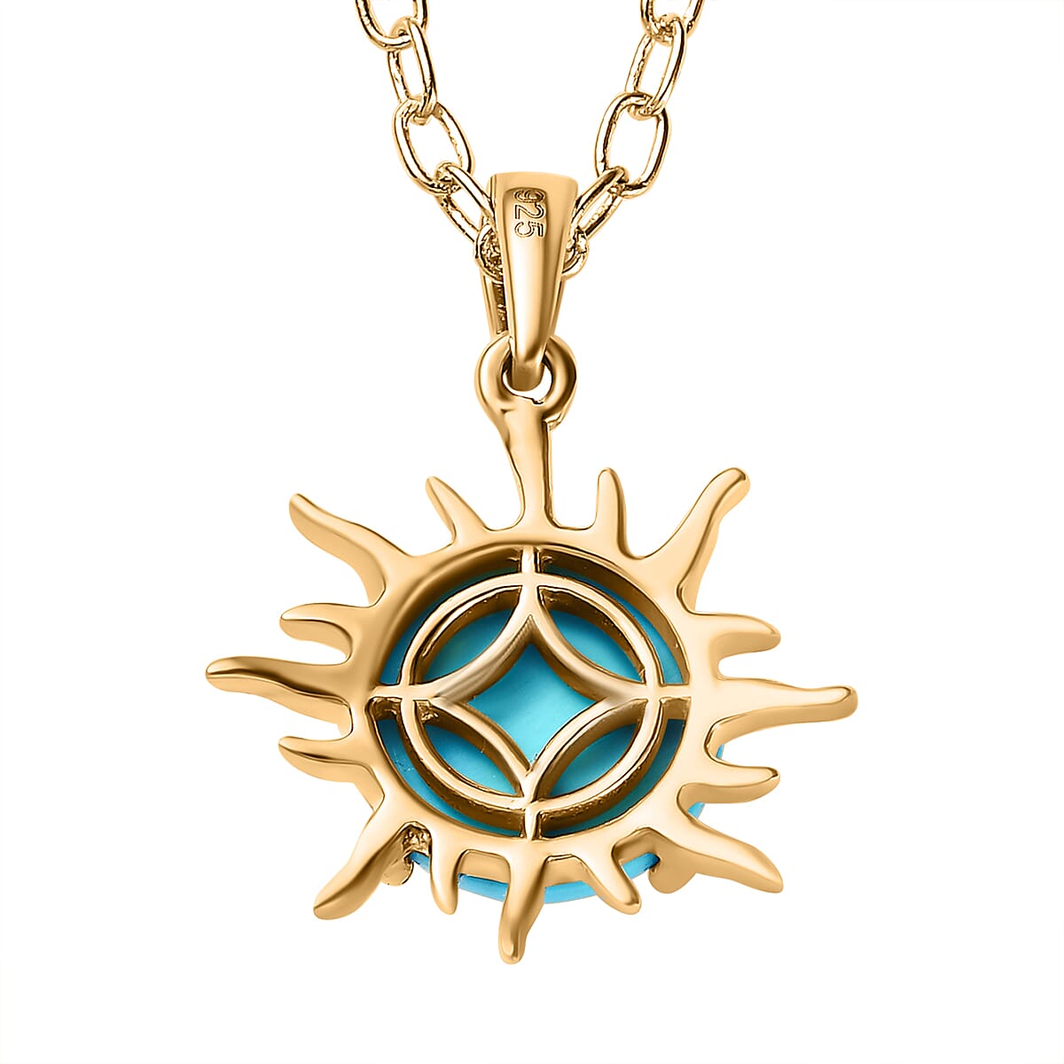 Arizona Sleeping Beauty Turquoise Sunburst Pendant with Chain (Size 20) in 18K Yellow Gold Vermeil Plated Sterling Silver 4.22 Ct.