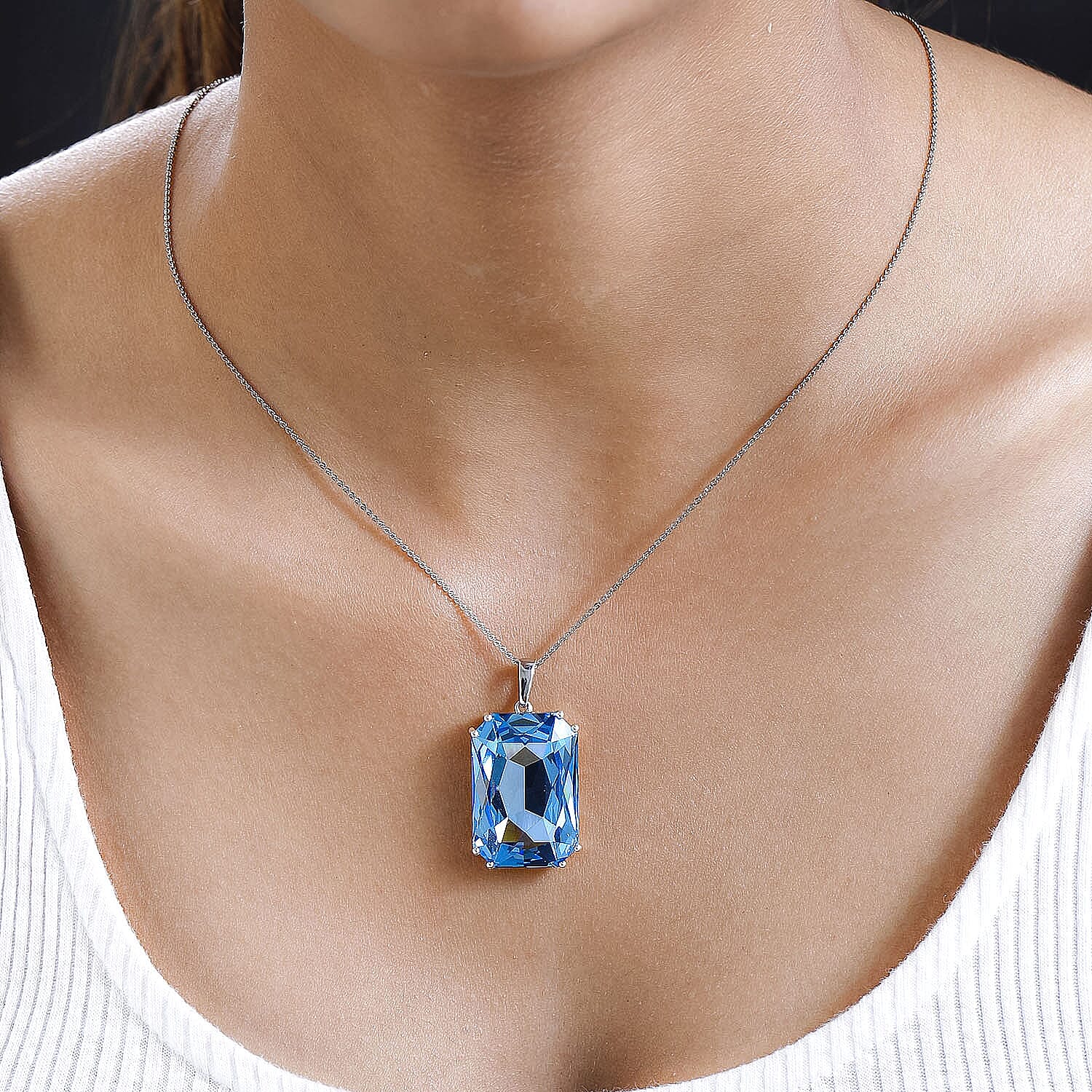 Aquamarine Austrian Crystal Pendant with Chain (Size 20) in Platinum Overlay Sterling Silver