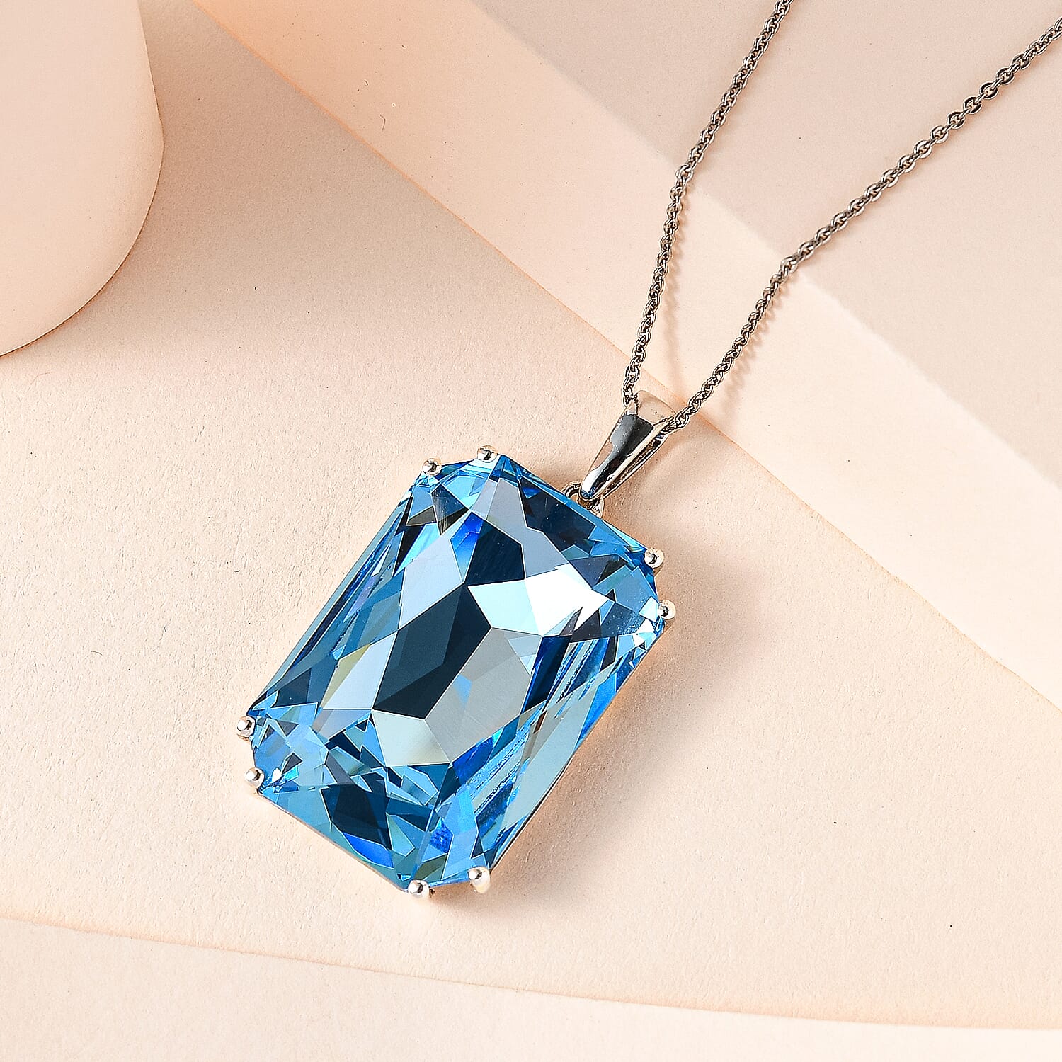 Aquamarine Austrian Crystal Pendant with Chain (Size 20) in Platinum Overlay Sterling Silver