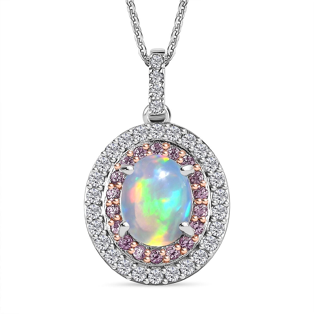 Ethiopian Welo Opal, Pink Sapphire and Natural Zircon Pendant with Chain (Size 20) in Platinum Overlay Sterling Silver 2.05 Ct