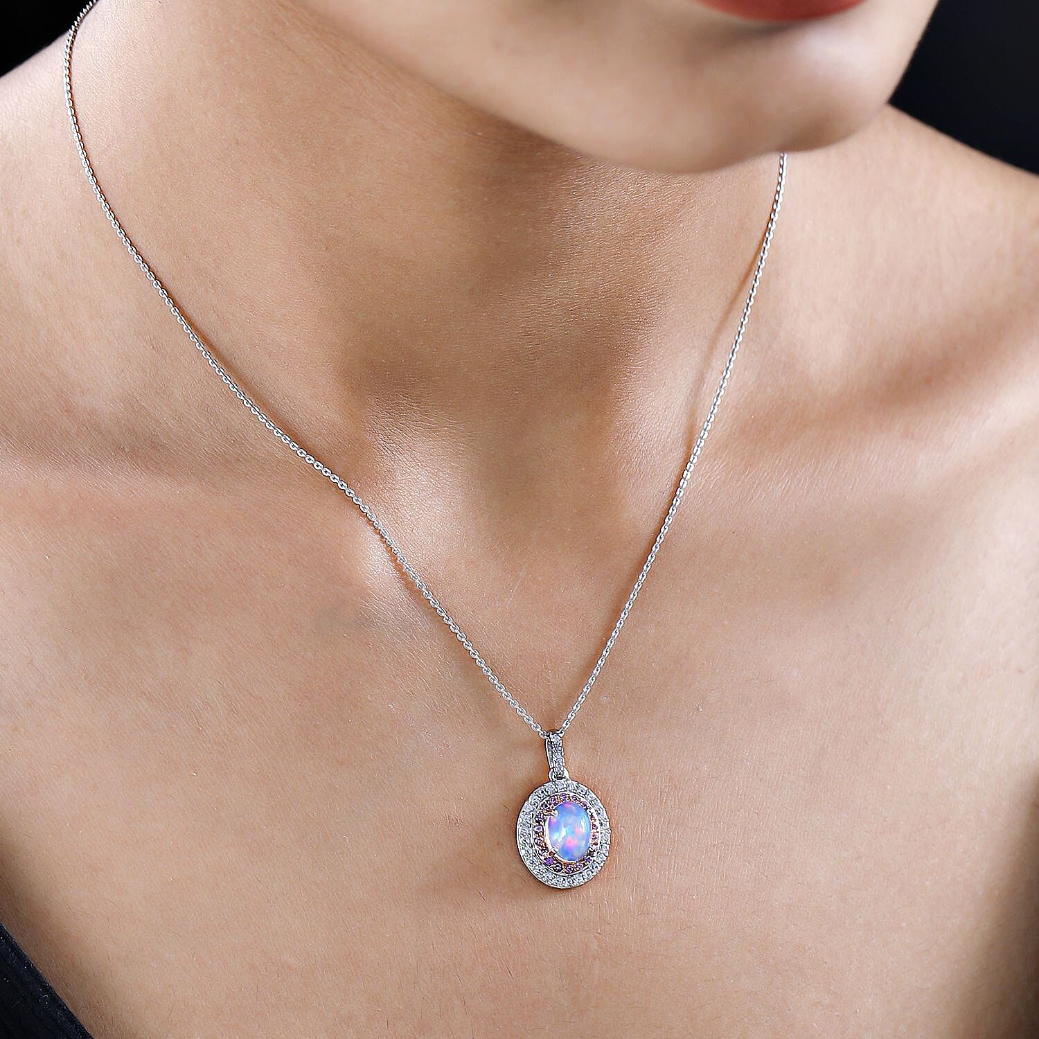 Ethiopian Welo Opal, Pink Sapphire and Natural Zircon Pendant with Chain (Size 20) in Platinum Overlay Sterling Silver 2.05 Ct