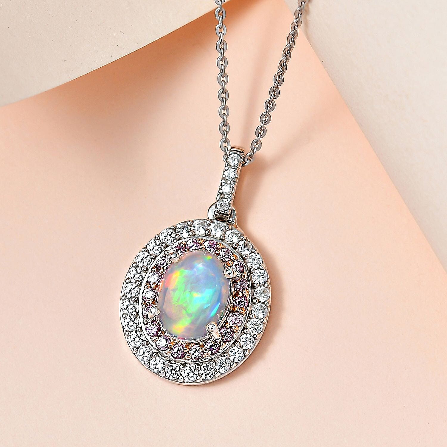 Ethiopian Welo Opal, Pink Sapphire and Natural Zircon Pendant with Chain (Size 20) in Platinum Overlay Sterling Silver 2.05 Ct