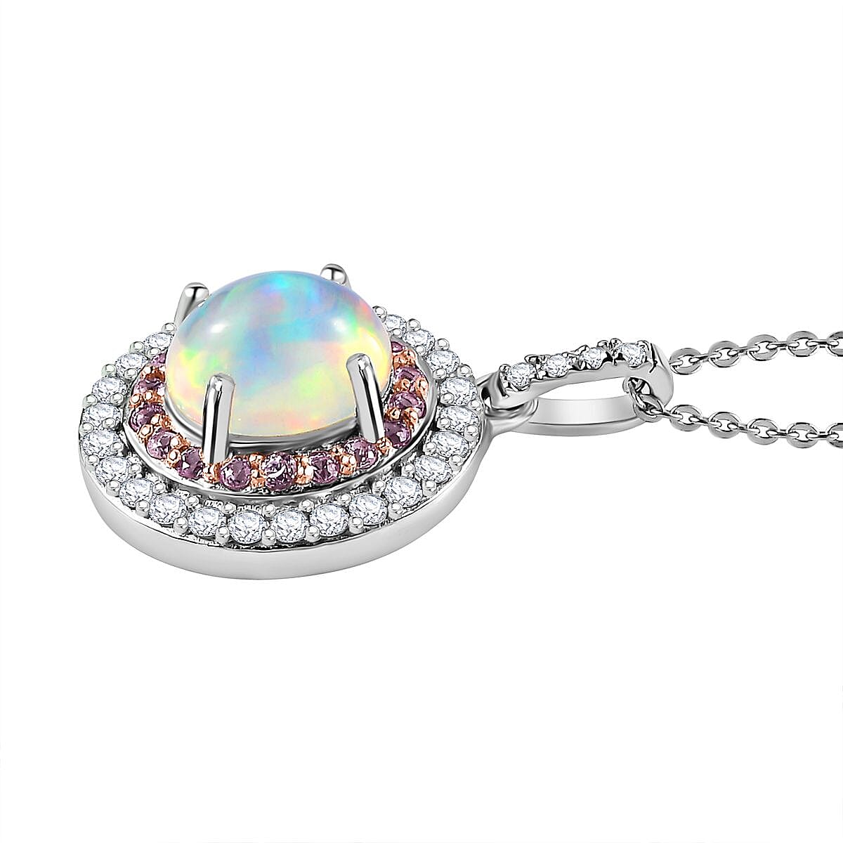 Ethiopian Welo Opal, Pink Sapphire and Natural Zircon Pendant with Chain (Size 20) in Platinum Overlay Sterling Silver 2.05 Ct