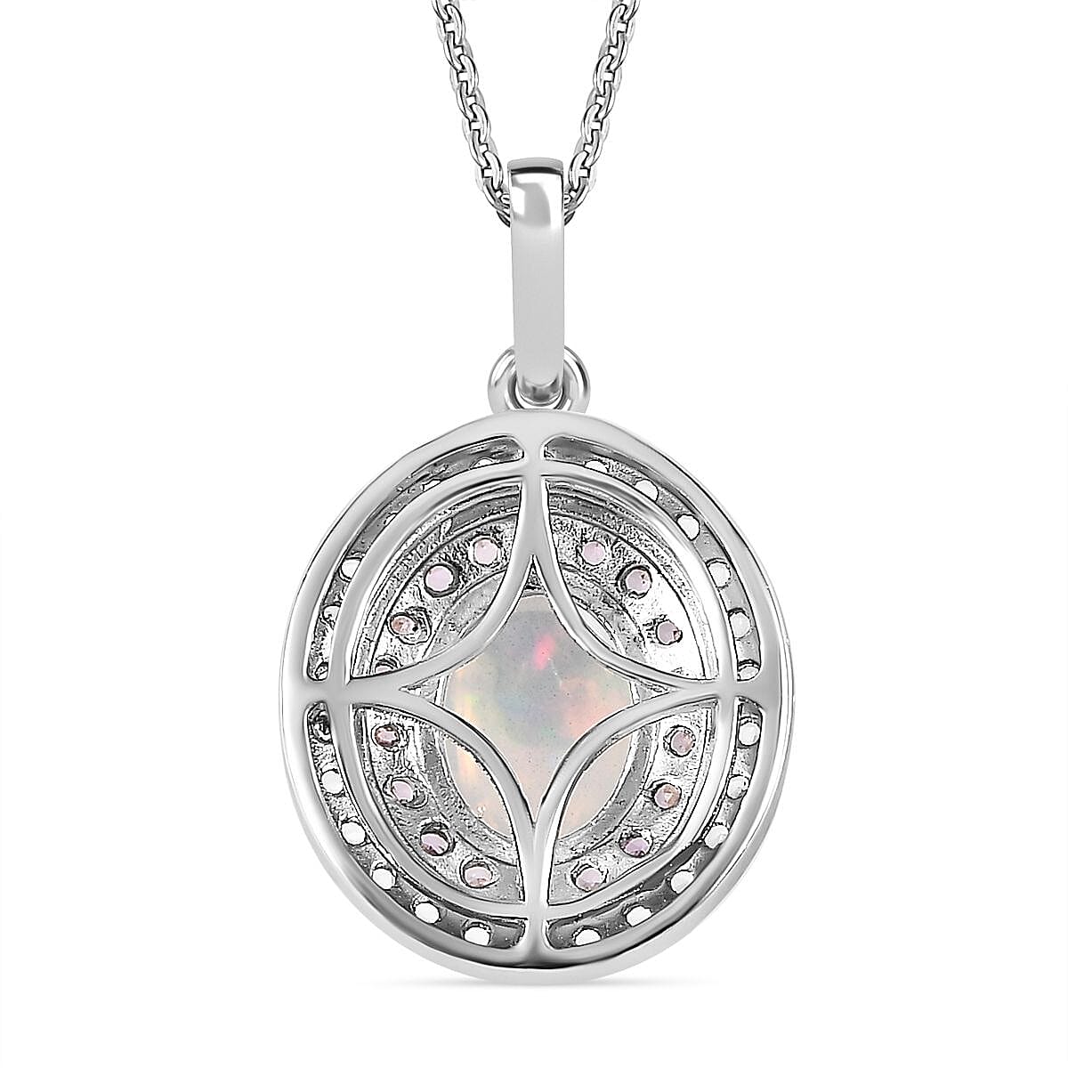 Ethiopian Welo Opal, Pink Sapphire and Natural Zircon Pendant with Chain (Size 20) in Platinum Overlay Sterling Silver 2.05 Ct