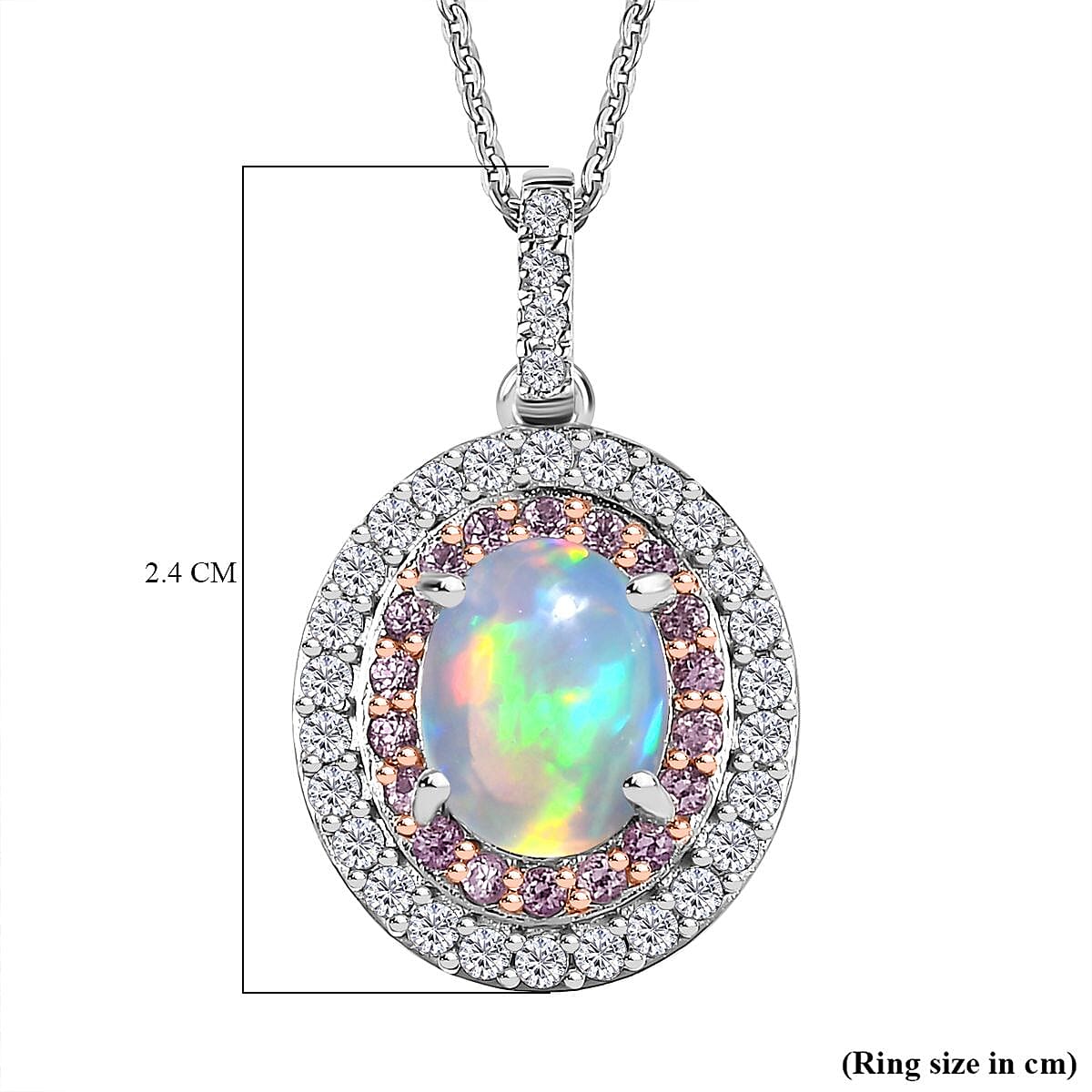 Ethiopian Welo Opal, Pink Sapphire and Natural Zircon Pendant with Chain (Size 20) in Platinum Overlay Sterling Silver 2.05 Ct