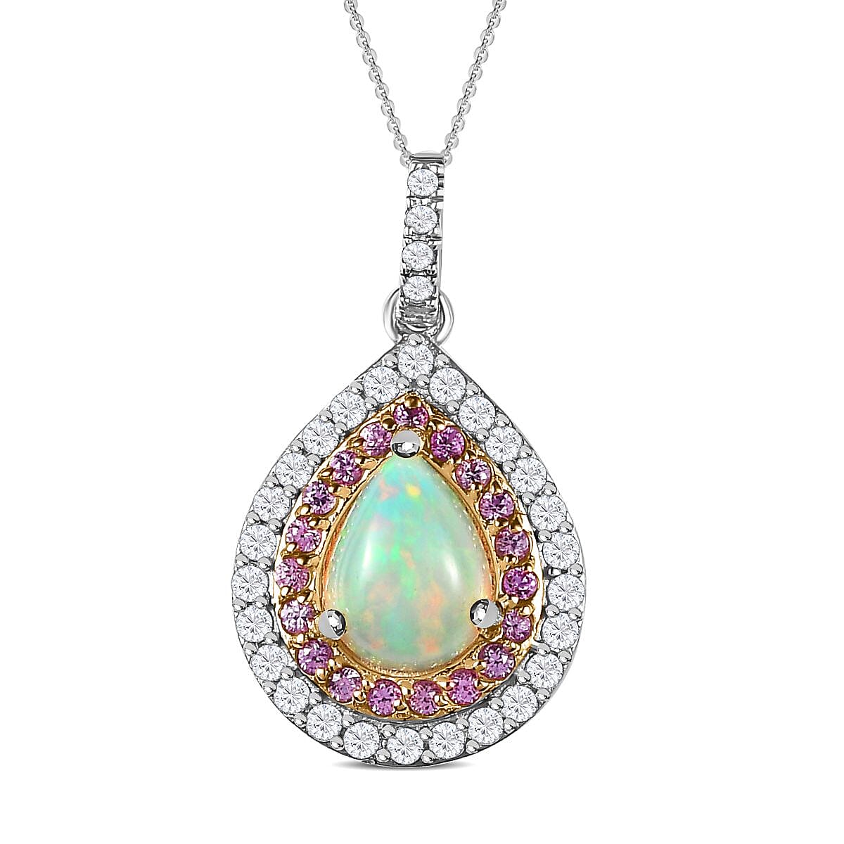 Ethiopian Welo Opal, Pink Sapphire and Natural Zircon Pendant with Chain (Size 20) in Platinum Overlay Sterling Silver 1.95 Ct