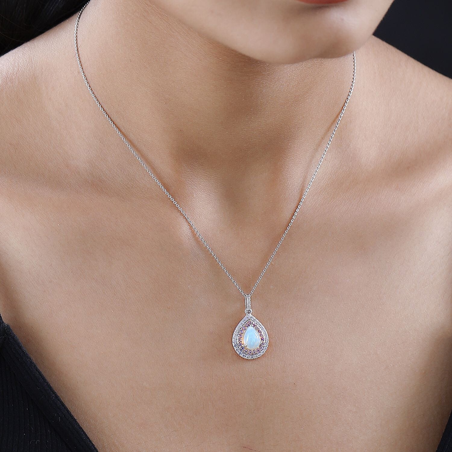 Ethiopian Welo Opal, Pink Sapphire and Natural Zircon Pendant with Chain (Size 20) in Platinum Overlay Sterling Silver 1.95 Ct
