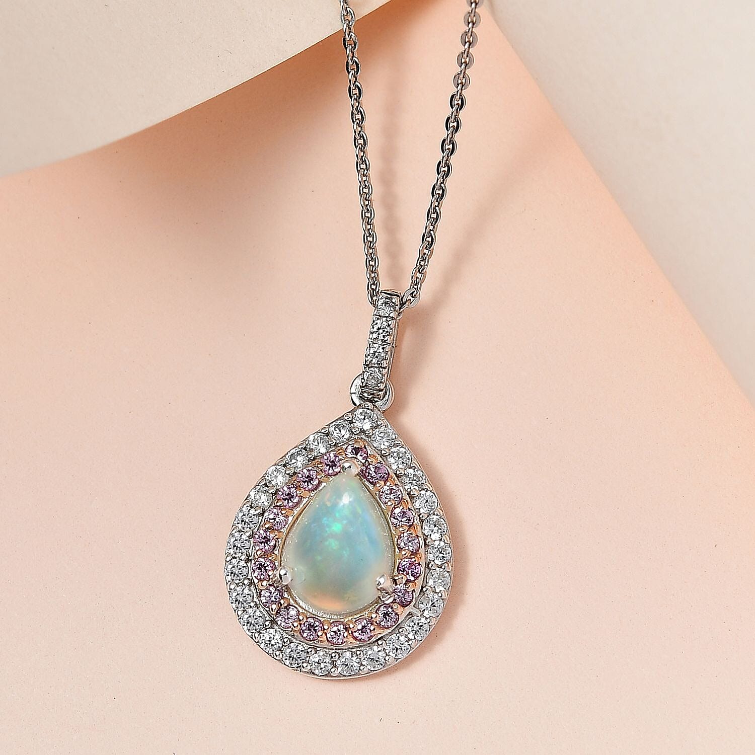Ethiopian Welo Opal, Pink Sapphire and Natural Zircon Pendant with Chain (Size 20) in Platinum Overlay Sterling Silver 1.95 Ct