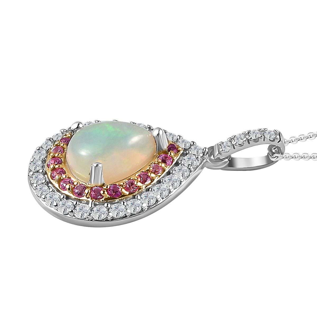 Ethiopian Welo Opal, Pink Sapphire and Natural Zircon Pendant with Chain (Size 20) in Platinum Overlay Sterling Silver 1.95 Ct