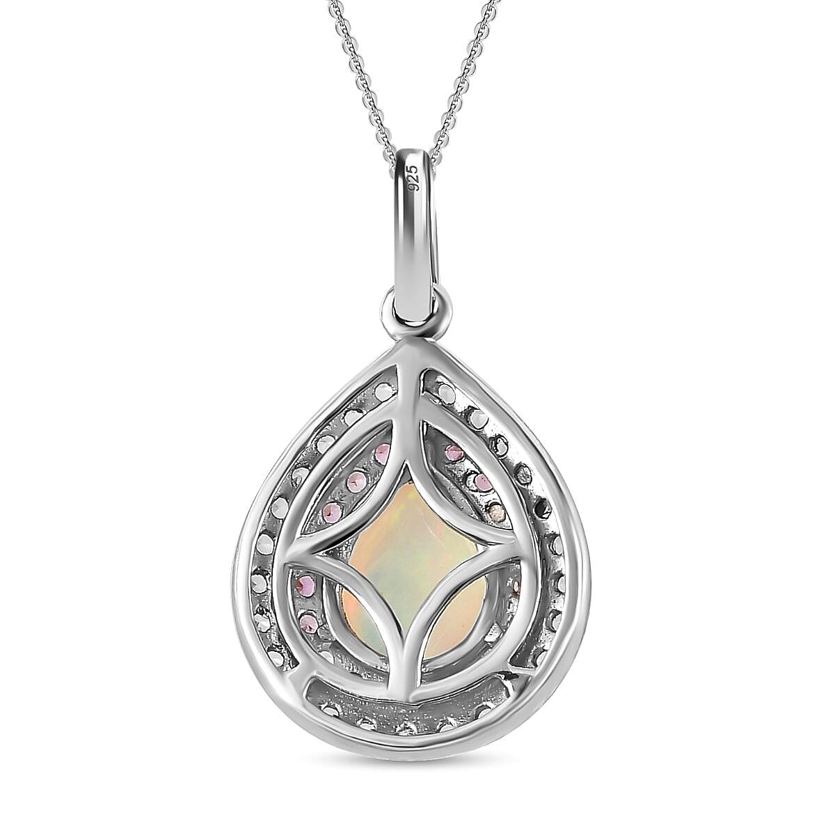 Ethiopian Welo Opal, Pink Sapphire and Natural Zircon Pendant with Chain (Size 20) in Platinum Overlay Sterling Silver 1.95 Ct