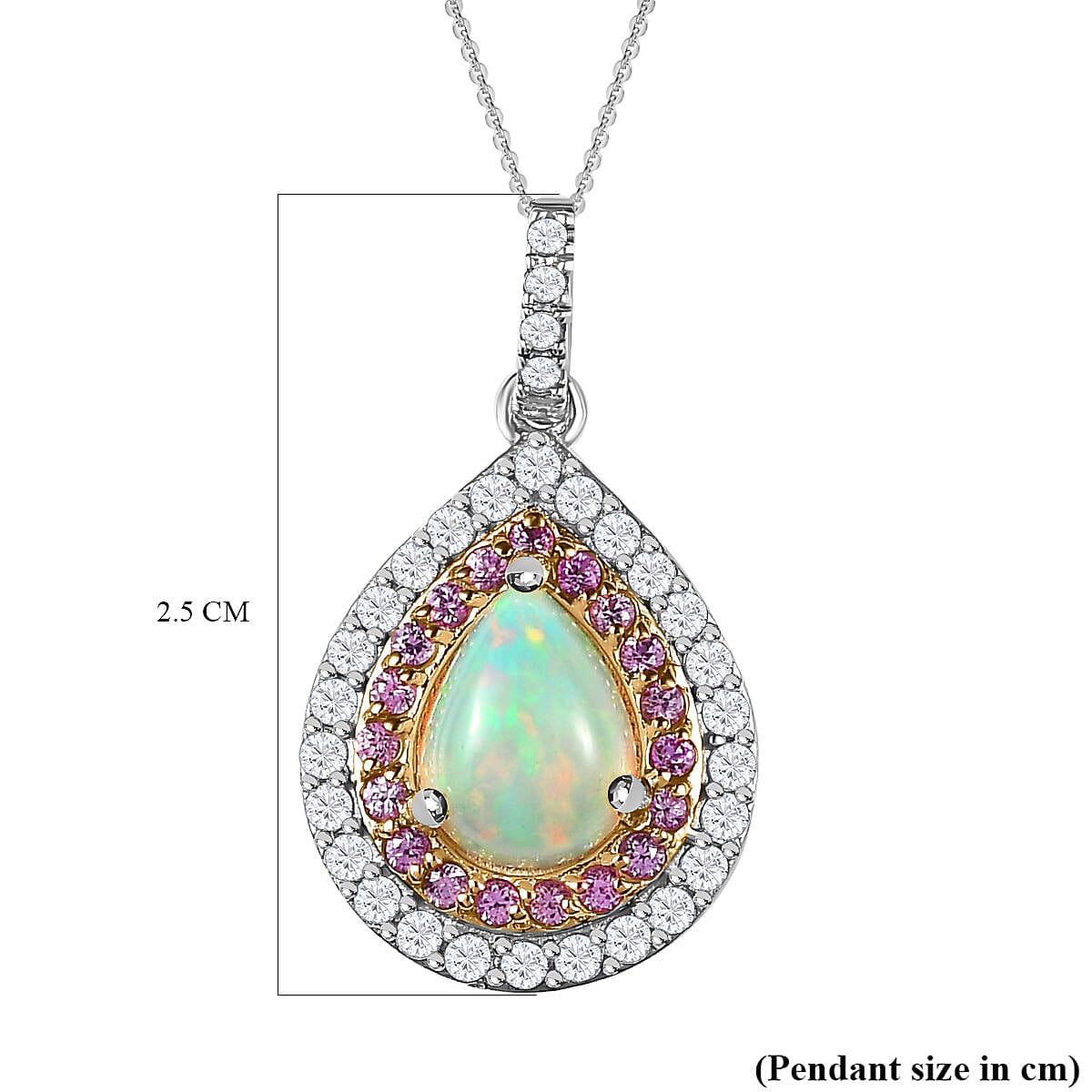 Ethiopian Welo Opal, Pink Sapphire and Natural Zircon Pendant with Chain (Size 20) in Platinum Overlay Sterling Silver 1.95 Ct