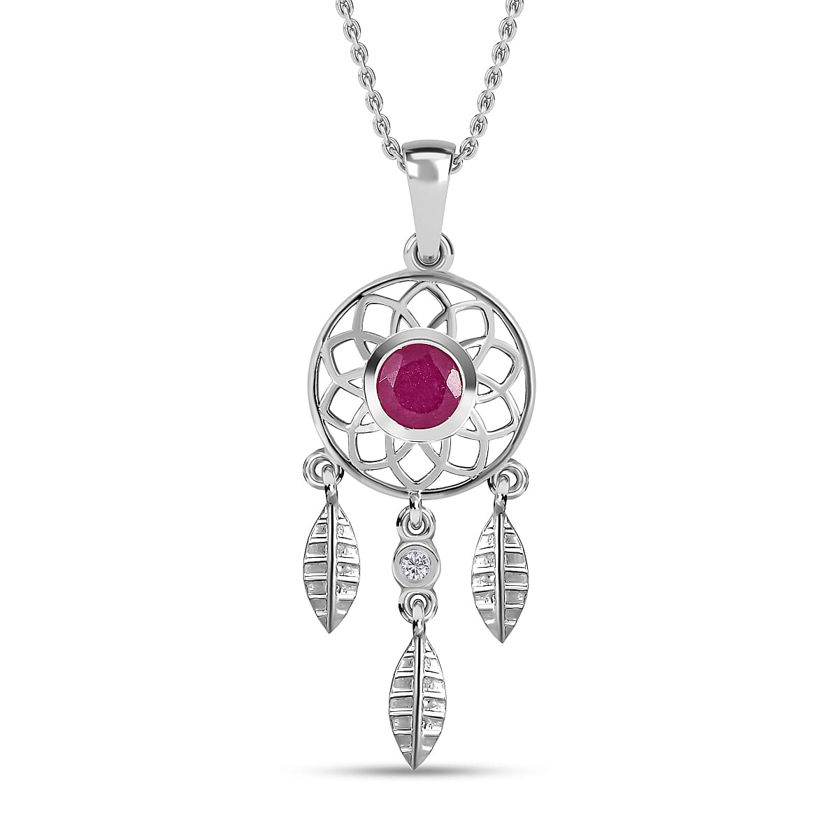 African Ruby & Natural Zircon Dream Catcher Pendant with Chain (Size 20) in Platinum Overlay Sterling Silver