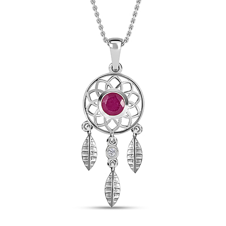 African Ruby (FF) and Natural Zircon Dream Catcher Pendant with Chain (Size 20) in Platinum Overlay Sterling Silver