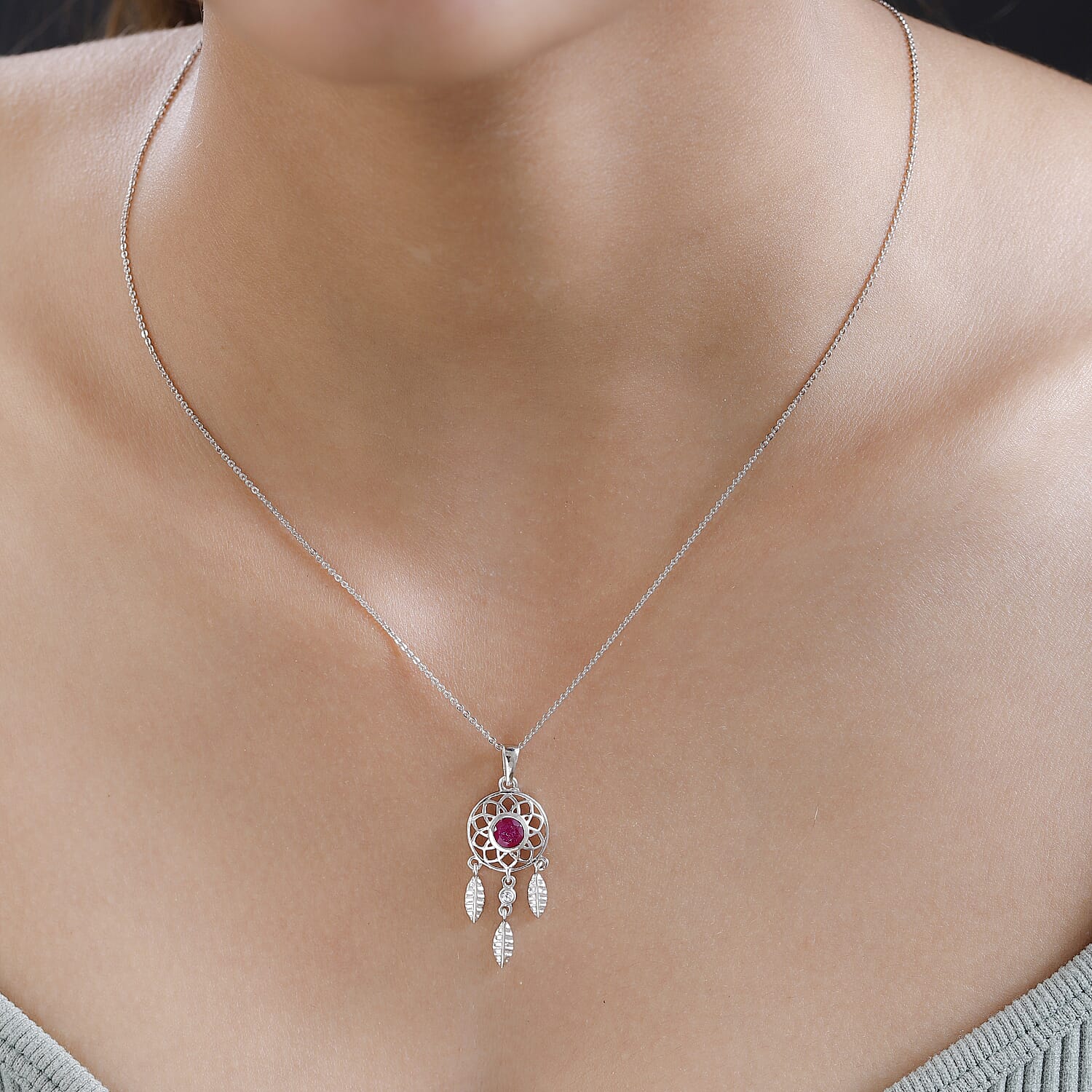 African Ruby & Natural Zircon Dream Catcher Pendant with Chain (Size 20) in Platinum Overlay Sterling Silver