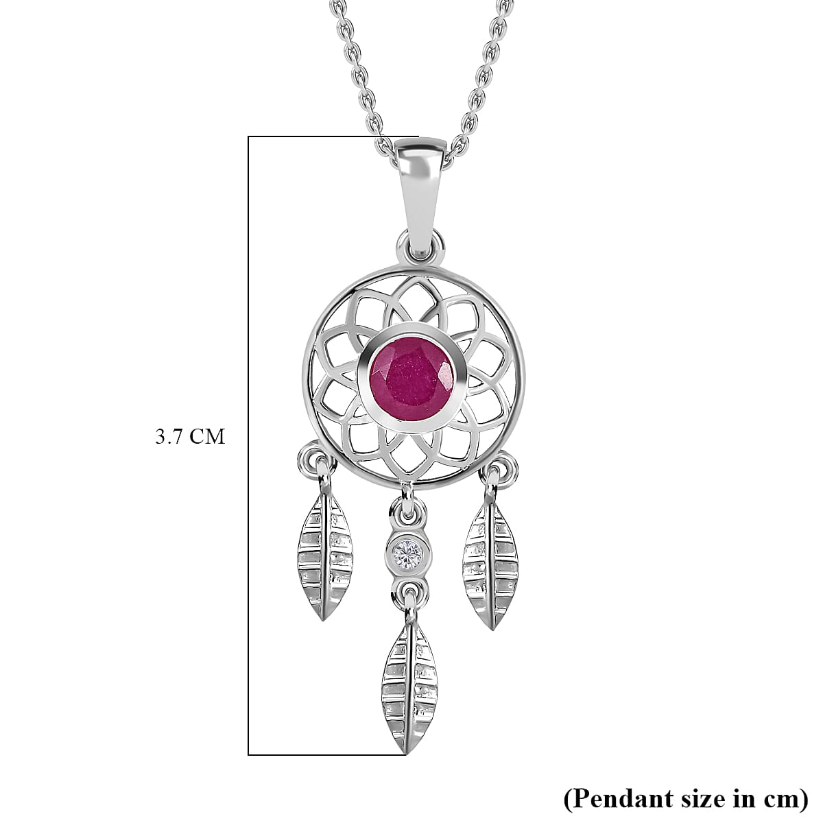 African Ruby & Natural Zircon Dream Catcher Pendant with Chain (Size 20) in Platinum Overlay Sterling Silver
