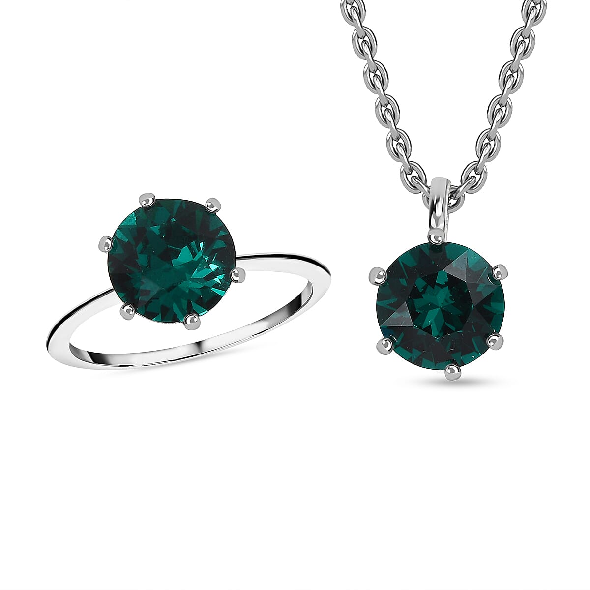 2 Piece Set - Emerald Austrian Crystal Sterling Silver Ring and Pendant with Stainless Steel Chain (Size 20) 4.98 Ct.