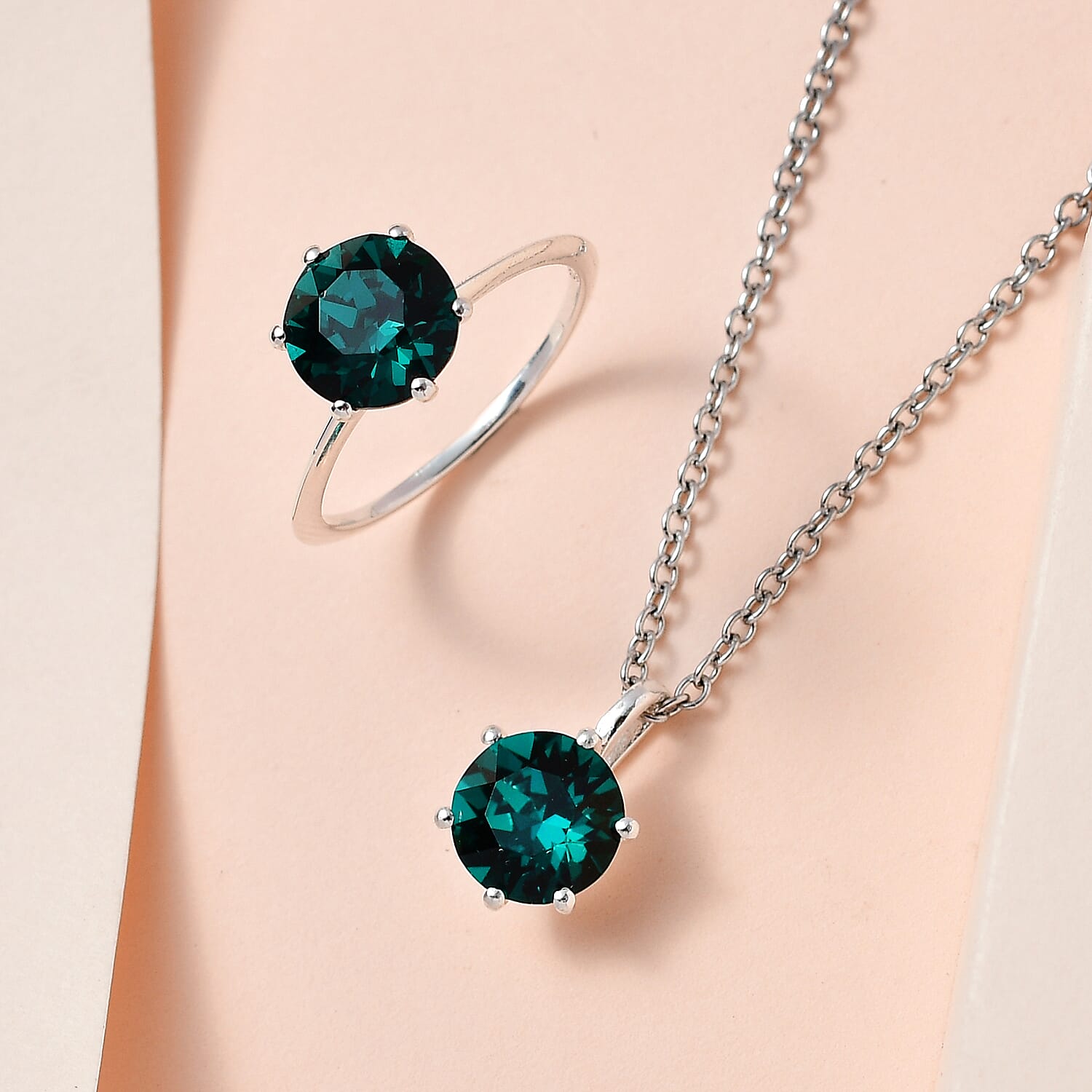 2 Piece Set - Emerald Austrian Crystal Sterling Silver Ring and Pendant with Stainless Steel Chain (Size 20) 4.98 Ct.