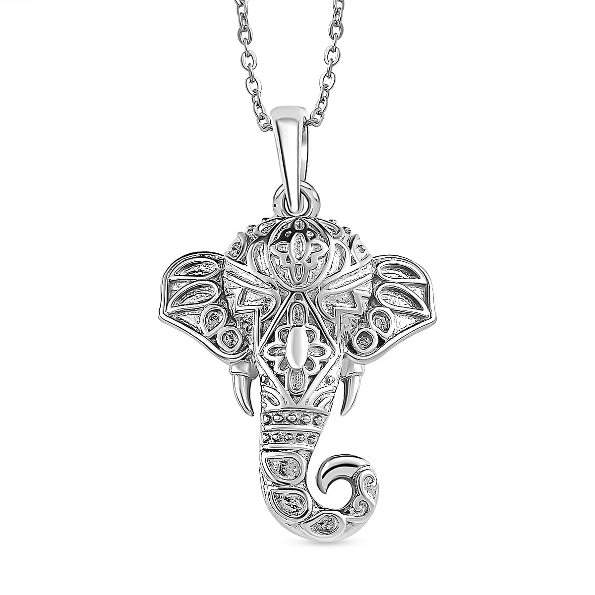 Elephant Face Pendant with Chain (Size 20) in Platinum Overlay Sterling  Silver, Silver Wt. 6.28 Gms