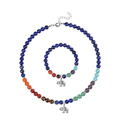 Set of 2 - Multi Gemstones 7 Chakras Elephant Motif Necklace (Size - 18-2 Ext) & Stretchable Bracelet (Size - 7.5) in Silver Tone 297.50 Ct.