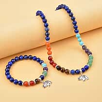 Set of 2 - Multi Gemstones 7 Chakras Elephant Motif Necklace (Size - 18-2 Ext) & Stretchable Bracelet (Size - 7.5) in Silver Tone 297.50 Ct.
