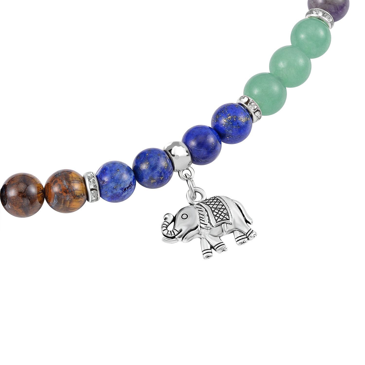 Set of 2 - Multi Gemstones 7 Chakras Elephant Motif Necklace (Size - 18-2 Ext) & Stretchable Bracelet (Size - 7.5) in Silver Tone 297.50 Ct.