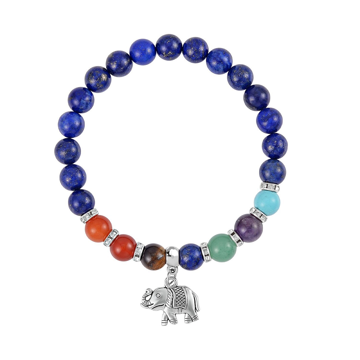 Set of 2 - Multi Gemstones 7 Chakras Elephant Motif Necklace (Size - 18-2 Ext) & Stretchable Bracelet (Size - 7.5) in Silver Tone 297.50 Ct.