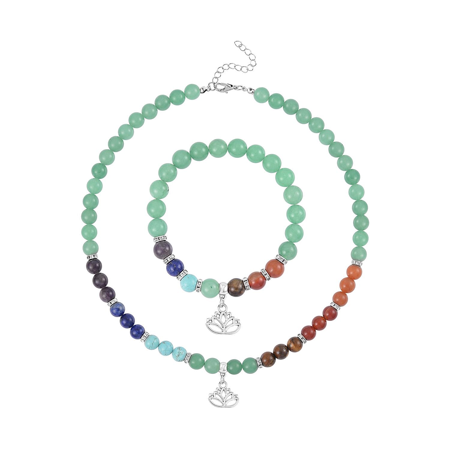 Set of 2 - Multi Gemstones 7 Chakras Lotus Motif Necklace (Size - 18-2 Ext) & Stretchable Bracelet (Size - 7.5) in Silver Tone 297.50 Ct.