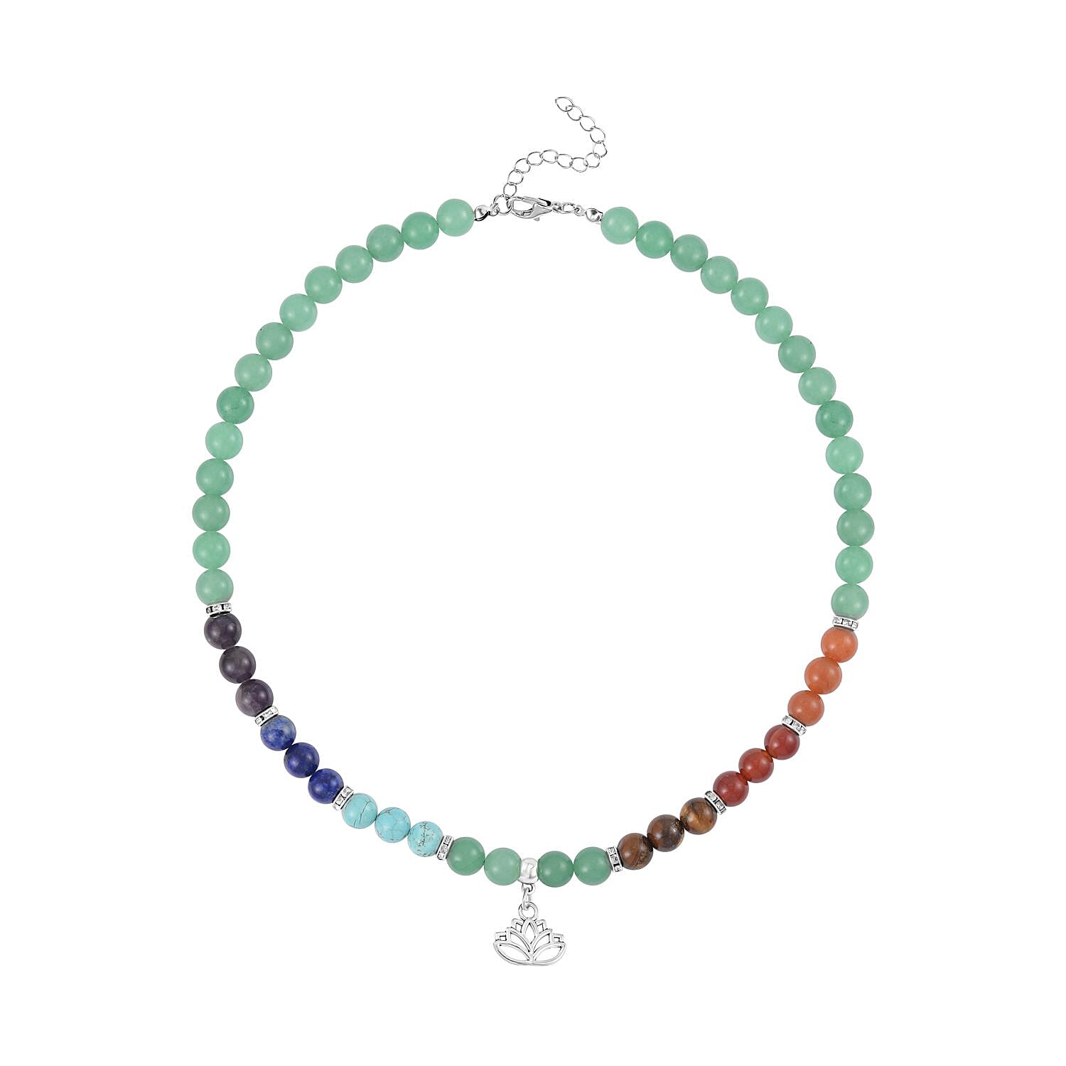 Set of 2 - Multi Gemstones 7 Chakras Lotus Motif Necklace (Size - 18-2 Ext) & Stretchable Bracelet (Size - 7.5) in Silver Tone 297.50 Ct.