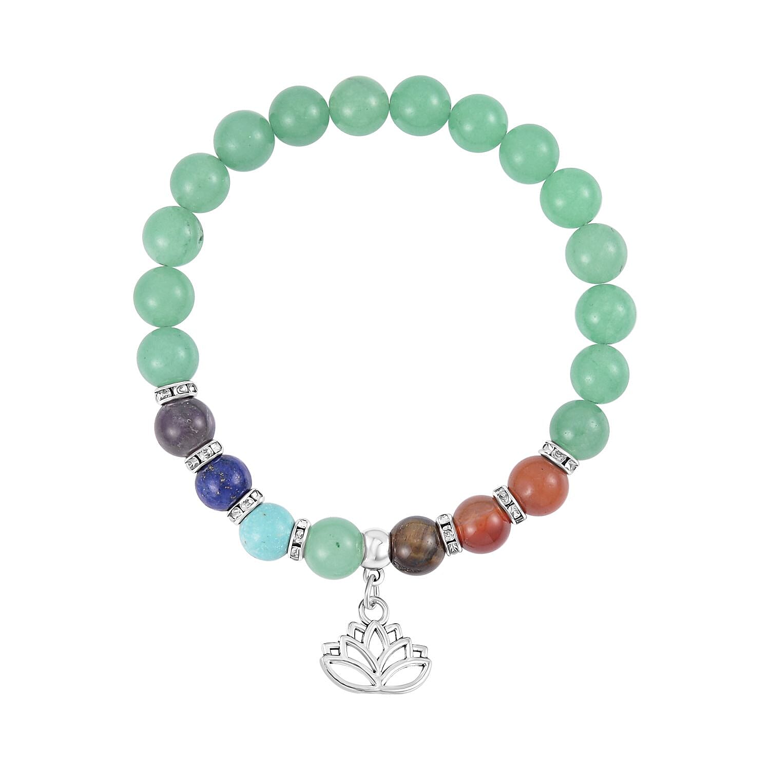 Set of 2 - Multi Gemstones 7 Chakras Lotus Motif Necklace (Size - 18-2 Ext) & Stretchable Bracelet (Size - 7.5) in Silver Tone 297.50 Ct.