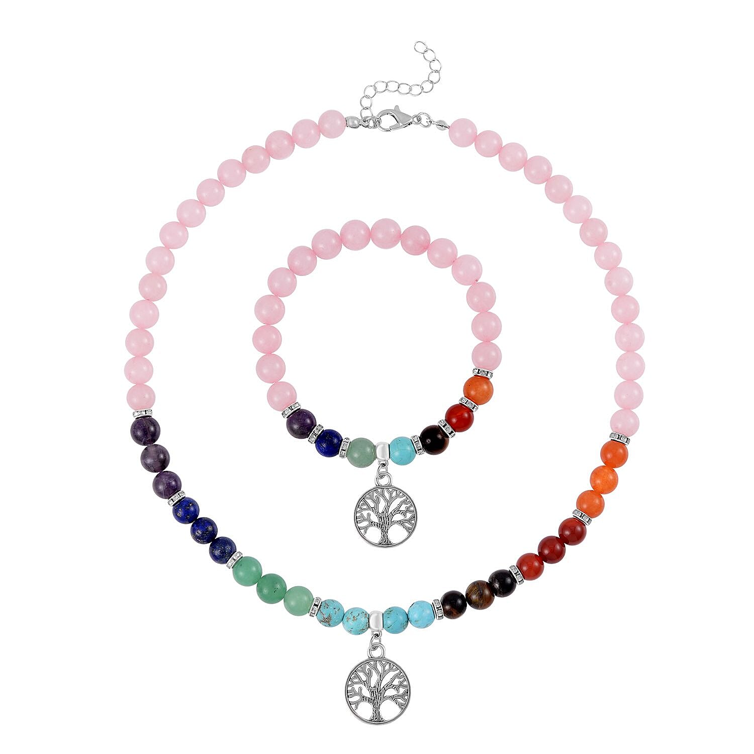 Set of 2 - Multi Gemstones 7 Chakras Tree of Life Necklace (Size - 18-2 Ext) & Stretchable Bracelet (Size - 7.5) in Silver Tone 297.50 Ct.