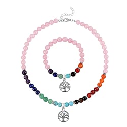 Set of 2 - Multi Gemstones 7 Chakras Elephant Motif Necklace (Size - 18-2 Ext) & Stretchable Bracelet (Size - 7.5) in Silver Tone 297.50 Ct.
