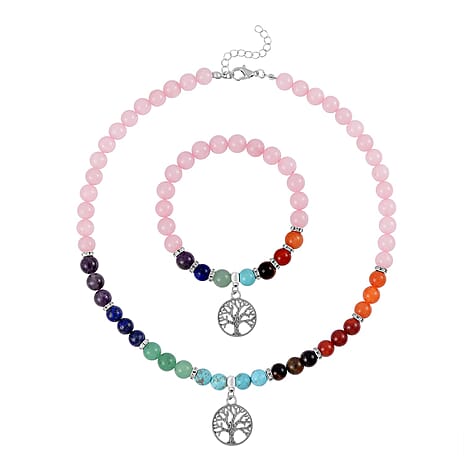 Set of 2 - Multi Gemstones 7 Chakras Tree of Life Necklace (Size - 18-2 Ext) & Stretchable Bracelet (Size - 7.5) in Silver Tone 297.50 Ct.