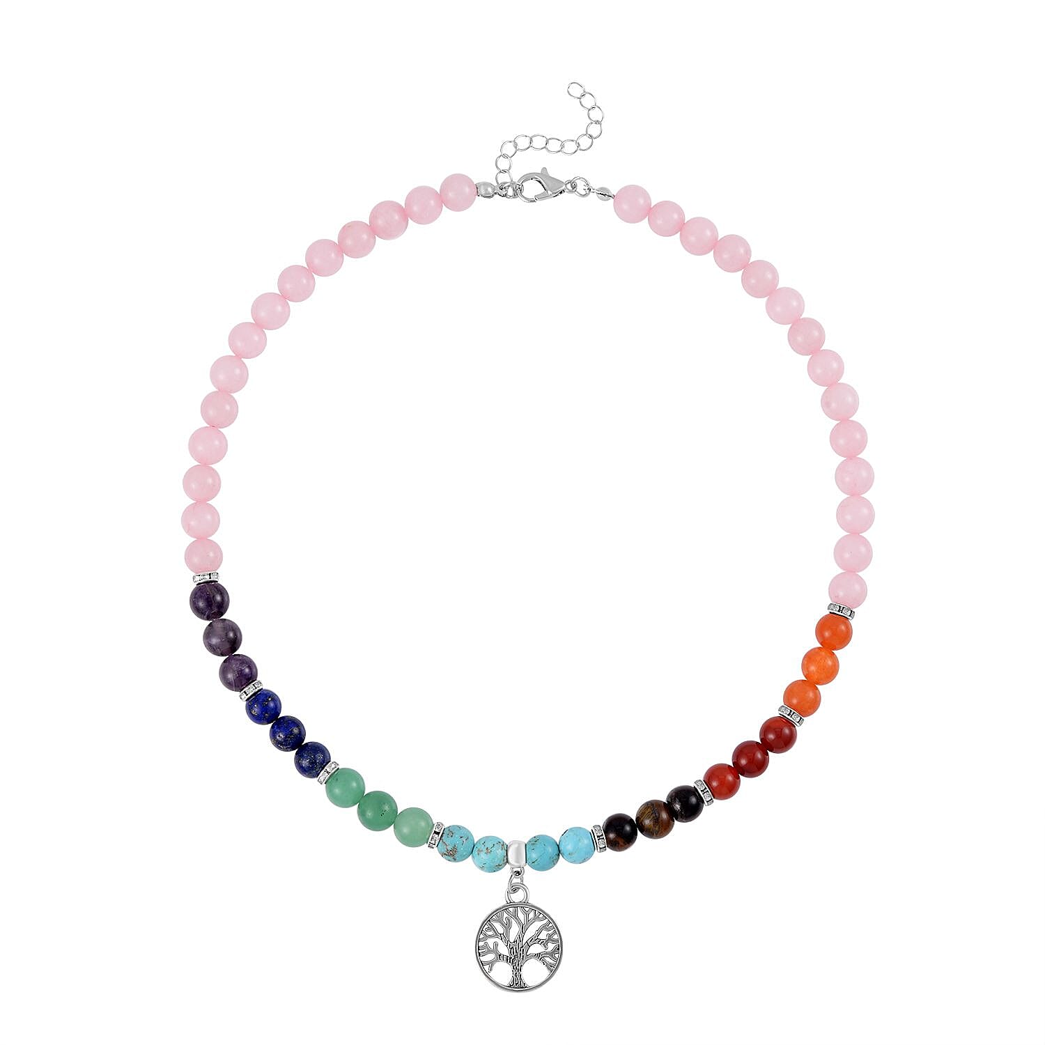 Set of 2 - Multi Gemstones 7 Chakras Tree of Life Necklace (Size - 18-2 Ext) & Stretchable Bracelet (Size - 7.5) in Silver Tone 297.50 Ct.
