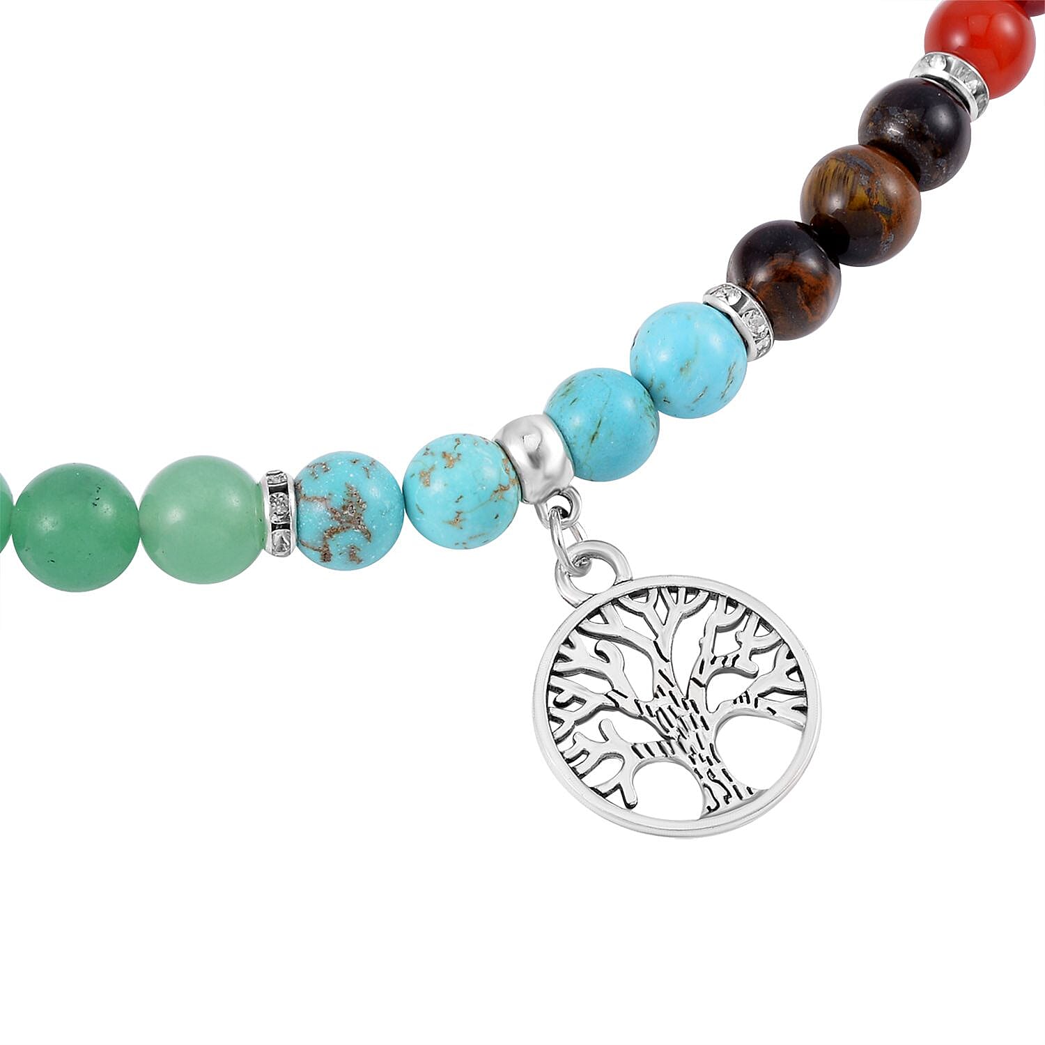 Set of 2 - Multi Gemstones 7 Chakras Tree of Life Necklace (Size - 18-2 Ext) & Stretchable Bracelet (Size - 7.5) in Silver Tone 297.50 Ct.