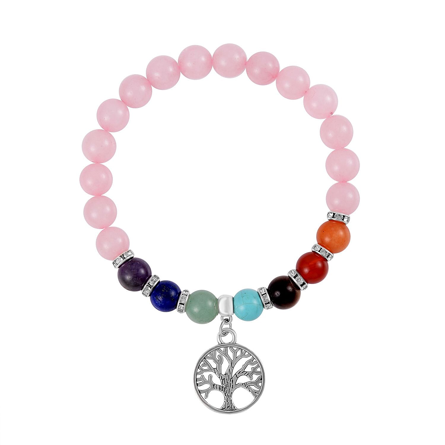 Set of 2 - Multi Gemstones 7 Chakras Tree of Life Necklace (Size - 18-2 Ext) & Stretchable Bracelet (Size - 7.5) in Silver Tone 297.50 Ct.