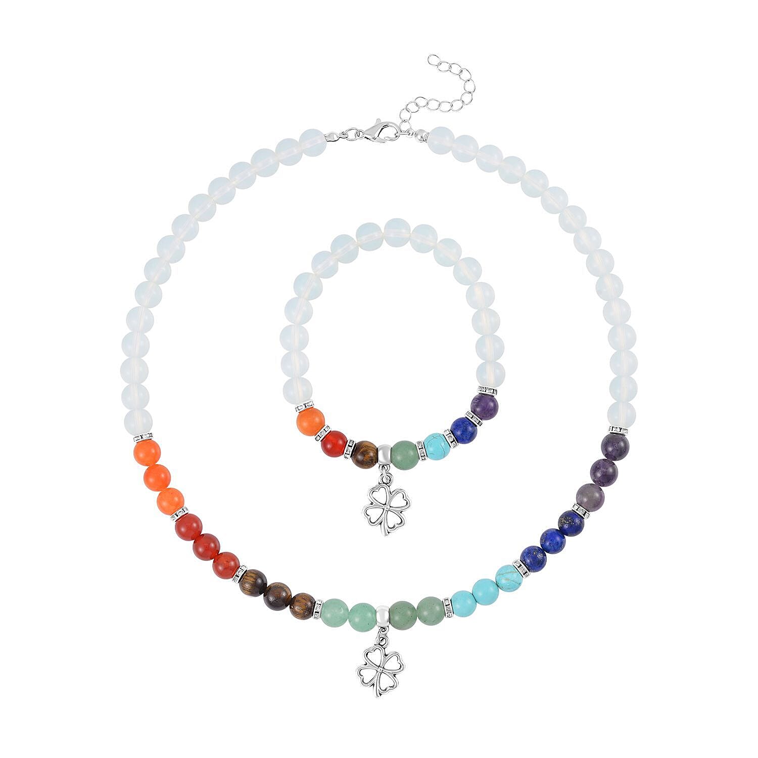 Set of 2 - Multi Gemstones 7 Chakras Flower Charm Necklace (Size - 18-2 Ext) & Stretchable Bracelet (Size - 7.5) in Silver Tone 297.50 Ct.