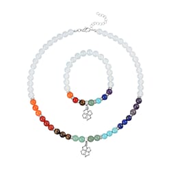 Set of 2 - Multi Gemstones 7 Chakras Elephant Motif Necklace (Size - 18-2 Ext) & Stretchable Bracelet (Size - 7.5) in Silver Tone 297.50 Ct.