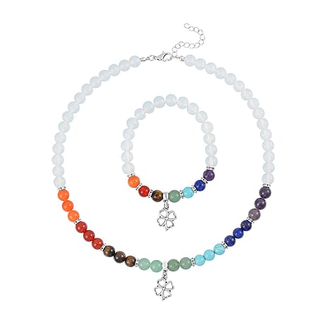 Set of 2 - Multi Gemstones 7 Chakras Flower Charm Necklace (Size - 18-2 Ext) & Stretchable Bracelet (Size - 7.5) in Silver Tone 297.50 Ct.