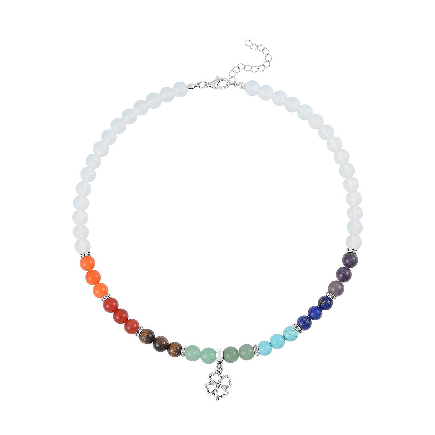 Set of 2 - Multi Gemstones 7 Chakras Flower Charm Necklace (Size - 18-2 Ext) & Stretchable Bracelet (Size - 7.5) in Silver Tone 297.50 Ct.