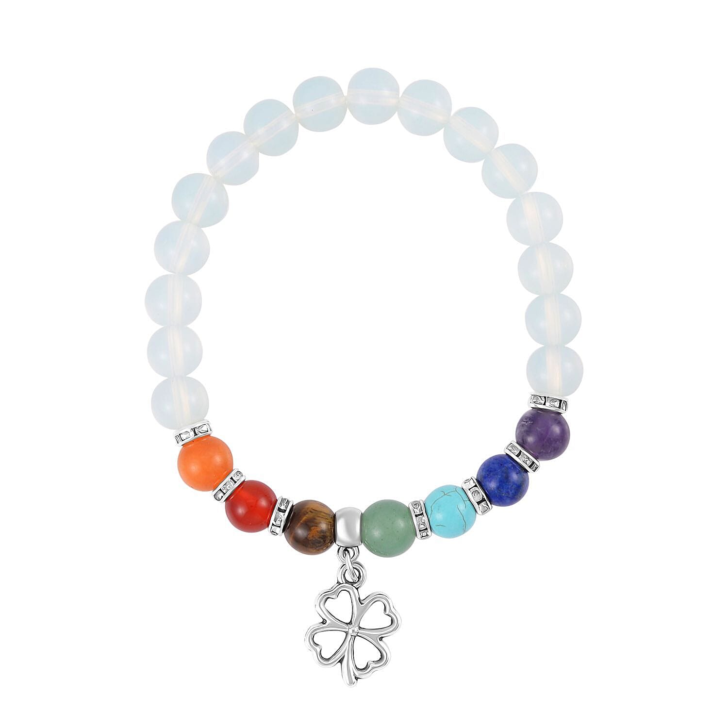 Set of 2 - Multi Gemstones 7 Chakras Flower Charm Necklace (Size - 18-2 Ext) & Stretchable Bracelet (Size - 7.5) in Silver Tone 297.50 Ct.