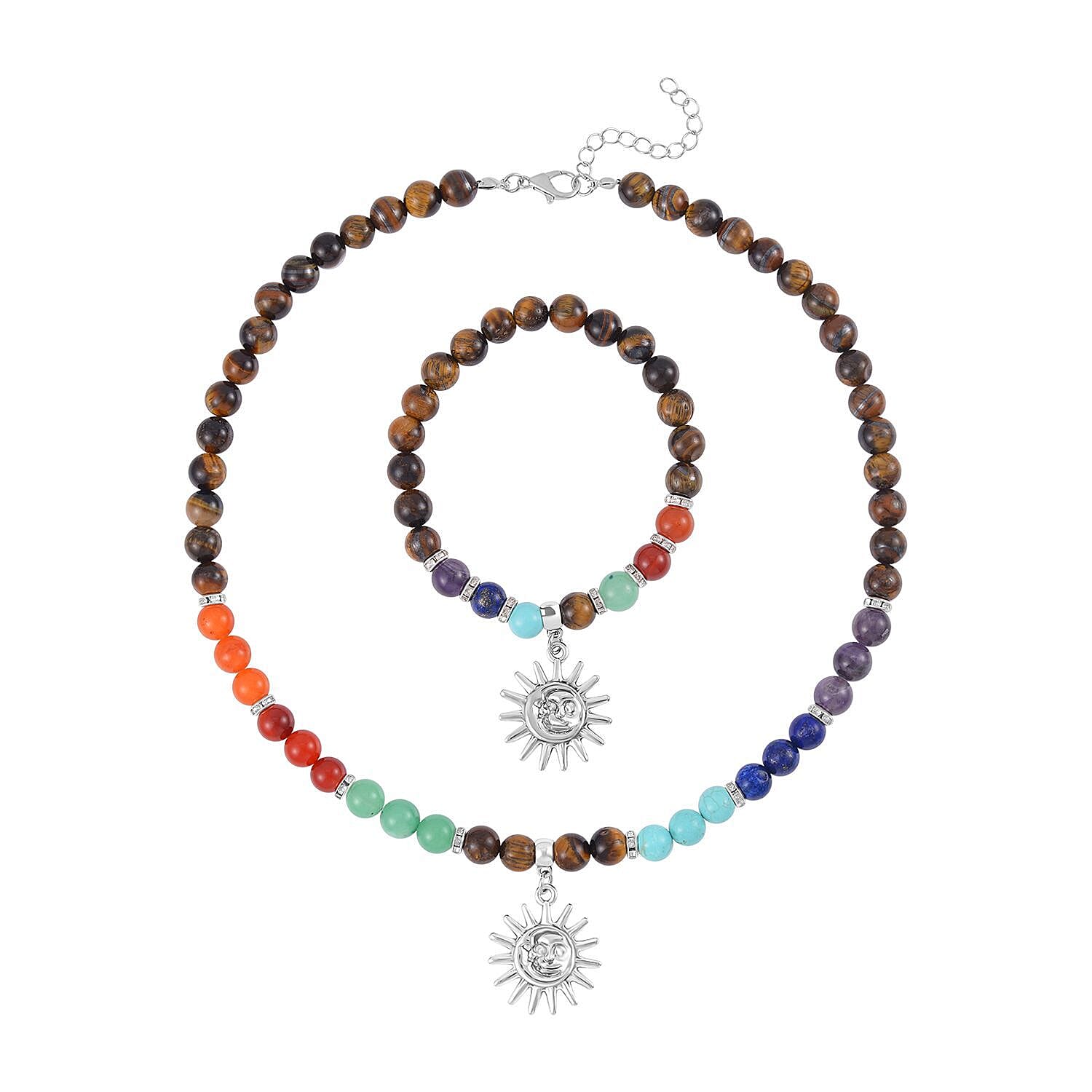 Set of 2 - Multi Gemstones 7 Chakras Sun Charm Necklace (Size - 18-2 Ext) & Stretchable Bracelet (Size - 7.5) in Silver Tone 297.50 Ct.
