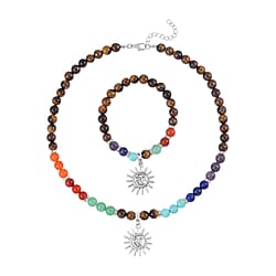 Set of 2 - Multi Gemstones 7 Chakras Elephant Motif Necklace (Size - 18-2 Ext) & Stretchable Bracelet (Size - 7.5) in Silver Tone 297.50 Ct.